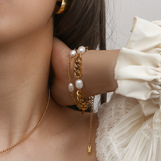 Bracciale cubano in acciaio inossidabile placcato con tre perle, stile geometrico OL, da donna