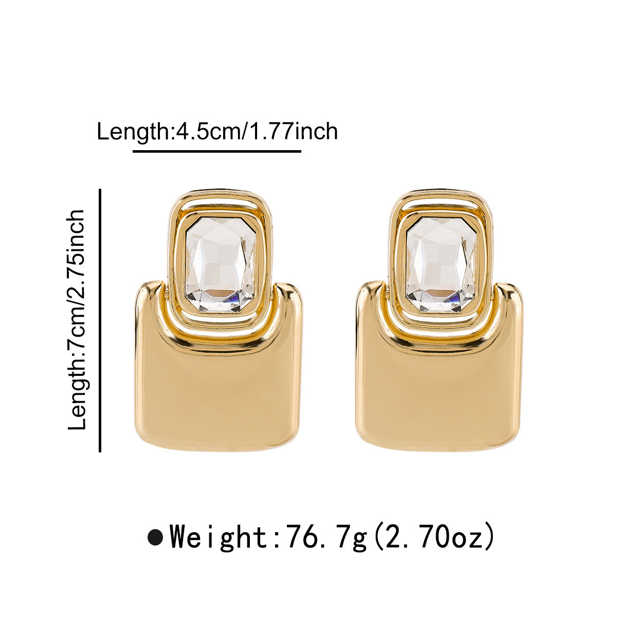 Orecchini da donna di lusso geometrici in lega quadrati con strass, finitura a specchio e superficie placcata