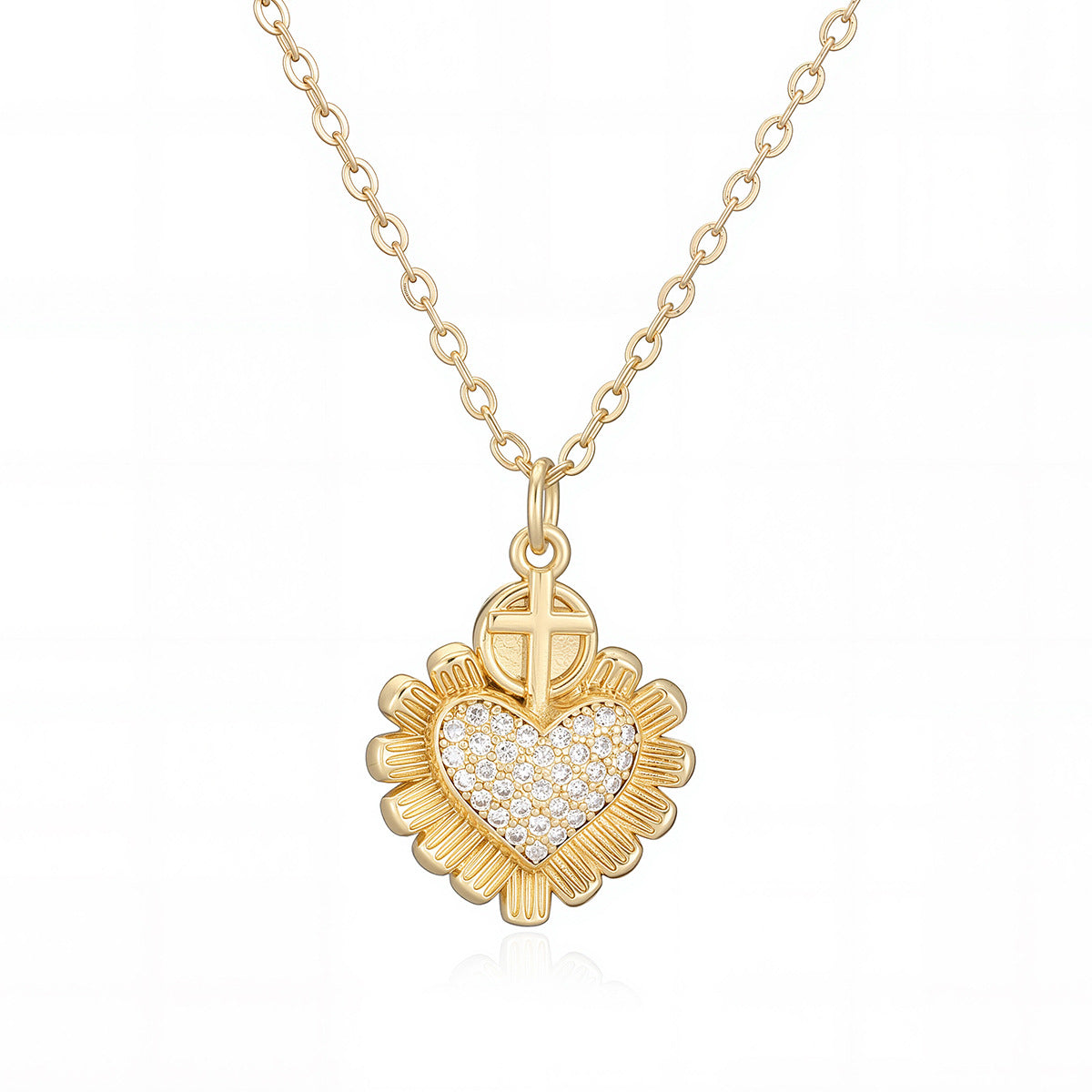 Minimalist 18K Gold Plated Brass Cross Heart Cubic Zirconia Pendant Necklace for Women