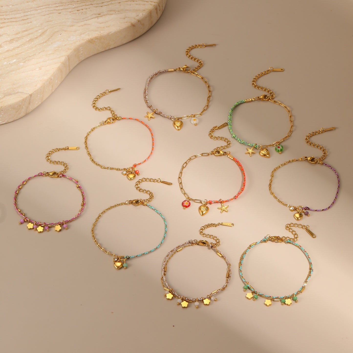 Bracciale alla moda in corda intrecciata ispirato alle vacanze con ciondolo a cuore e stella in acciaio inossidabile da donna