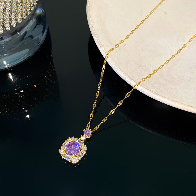 Luxury Minimalist Geometric Round Gemstone Inlay Titanium Steel Necklace with Brass Pendant