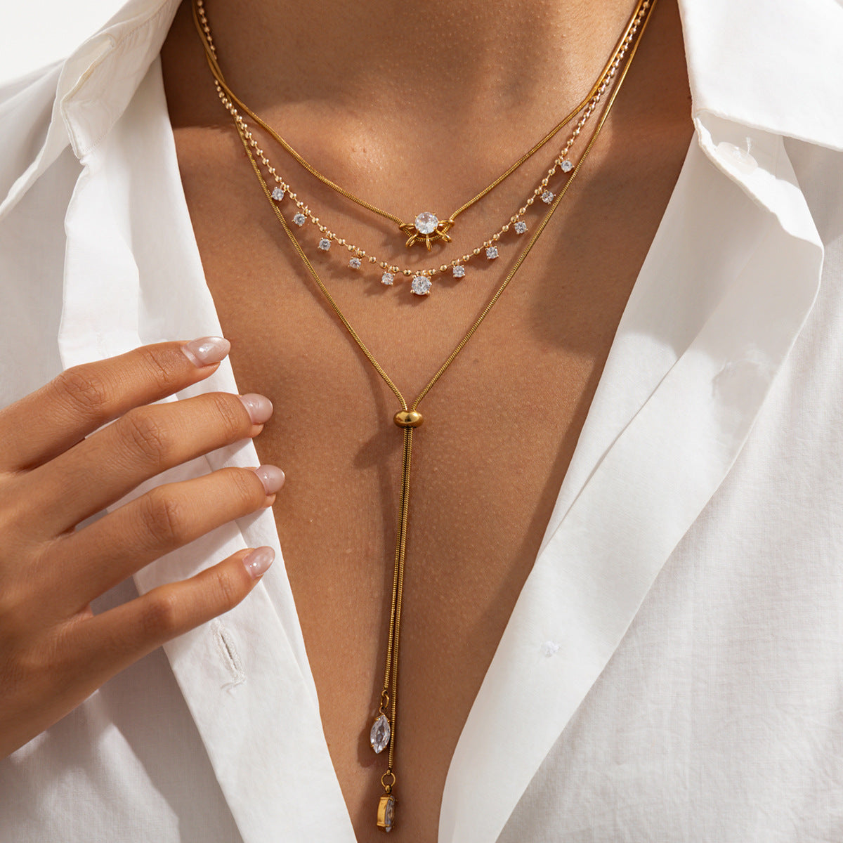 Minimalist Luxury Geometric Round Rhinestone Stainless Steel PVD Necklace for Women