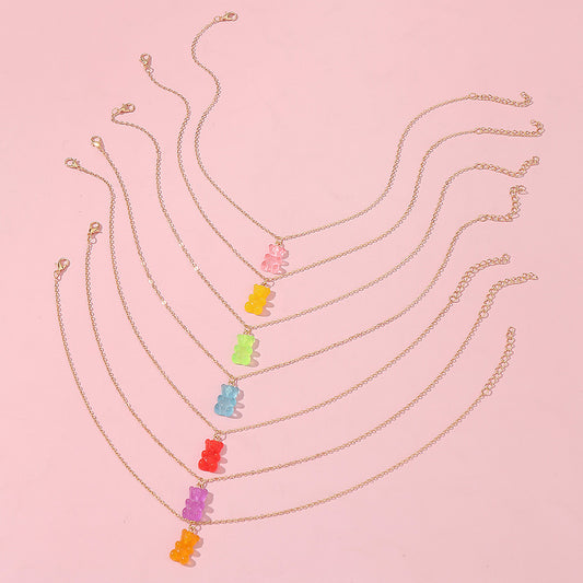 Minimalist Bear-Shaped Resin Necklace for Girls with Box Chain Adjustable Length Princess Style Children's Jewelry