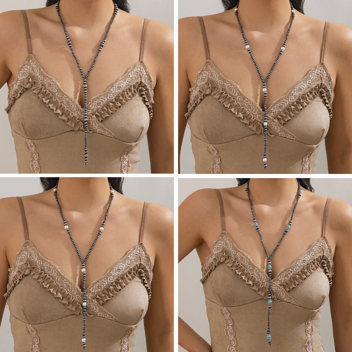 Vintage Bohemian Faux Pearl Tassel Geometric Ball Chain Necklace for Women