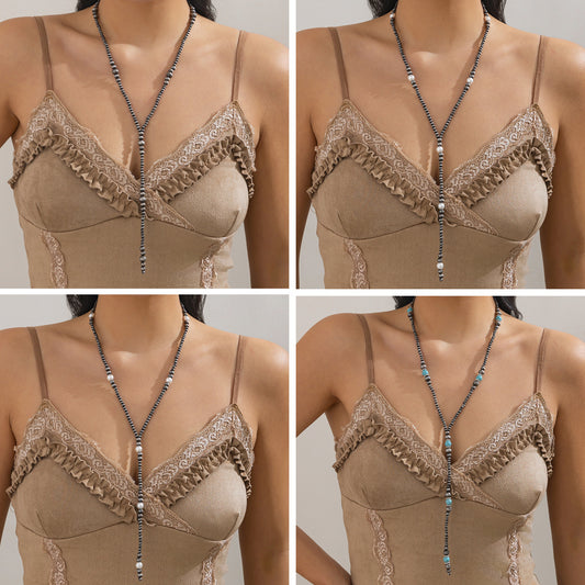 Vintage Bohemian Faux Pearl Tassel Geometric Ball Chain Necklace for Women