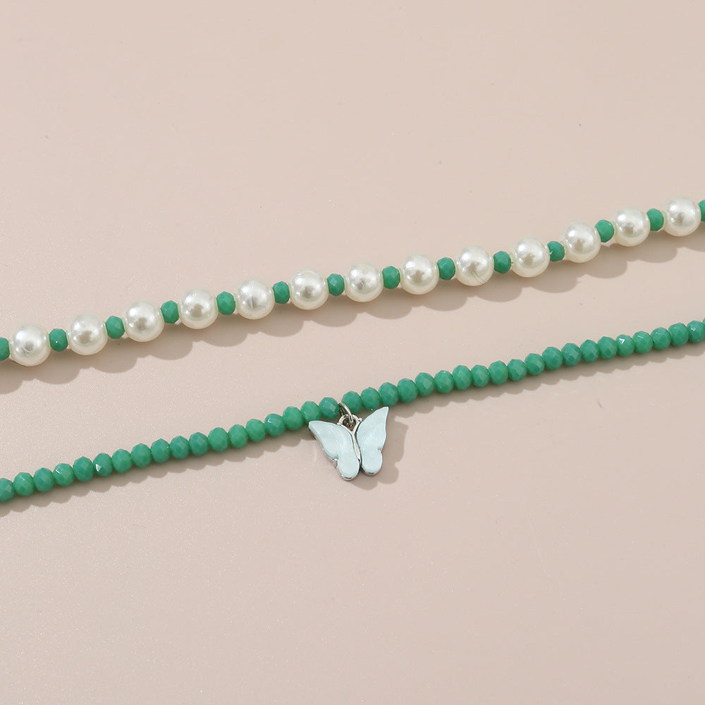 Conjunto de collar con colgante de mariposa minimalista para niñas con cuentas de cristal en cadena de bolas, joyería infantil estilo princesa dulce y linda