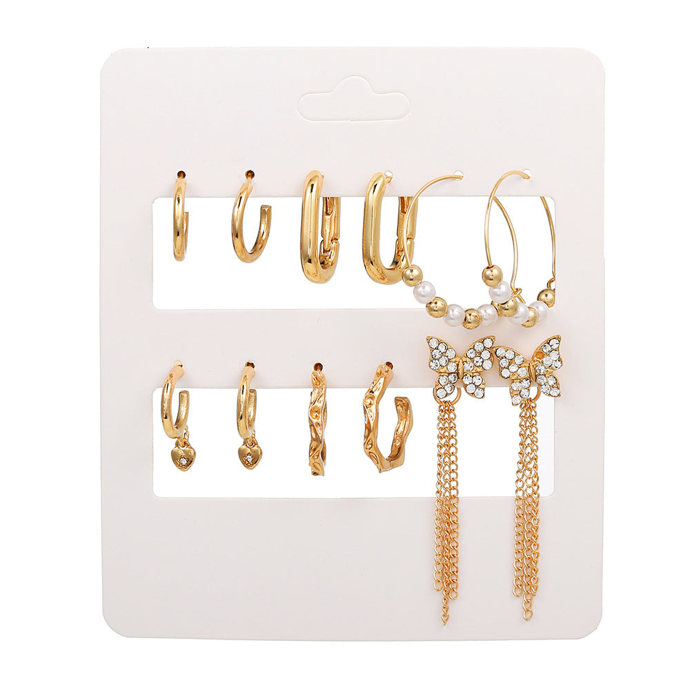 Sweet Geometric Heart Butterfly Alloy Stud Earrings with Rhinestone Pearl and Drip Oil