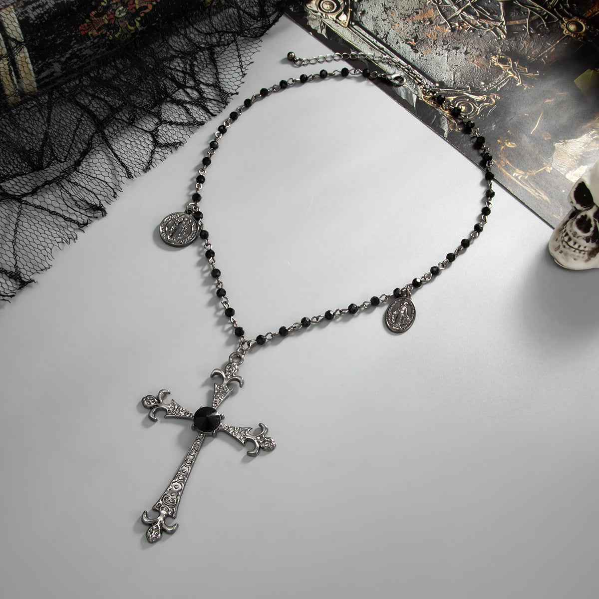 Gothic Vintage Cross Pendant Zinc Alloy Plated Necklace with Crystal Beads for Women