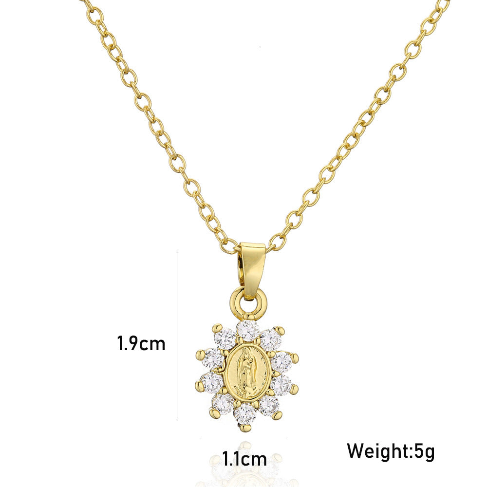Religious Geometric Brass Micro-Inlaid Cubic Zirconia Virgin Mary Pendant Necklace with Cable Chain