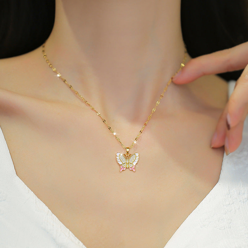 Sweet and Edgy Butterfly-Shaped Titanium Steel Necklace with Rhinestone Inlay, Minimalist Geometric Pendant on Titanium Steel Chain for Women
