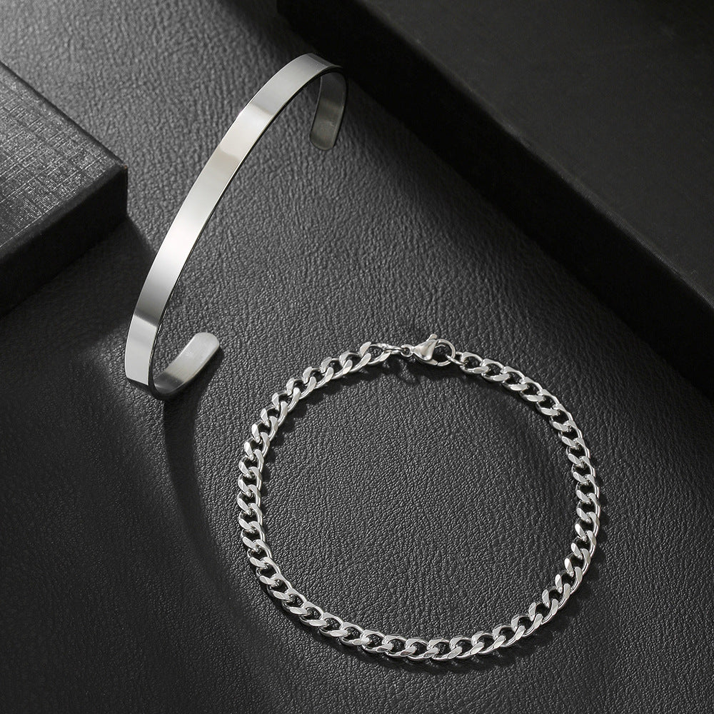 Hip-hop Round Stainless Steel Cuban Link Chain Open Cuff Bracelet for Men and Women