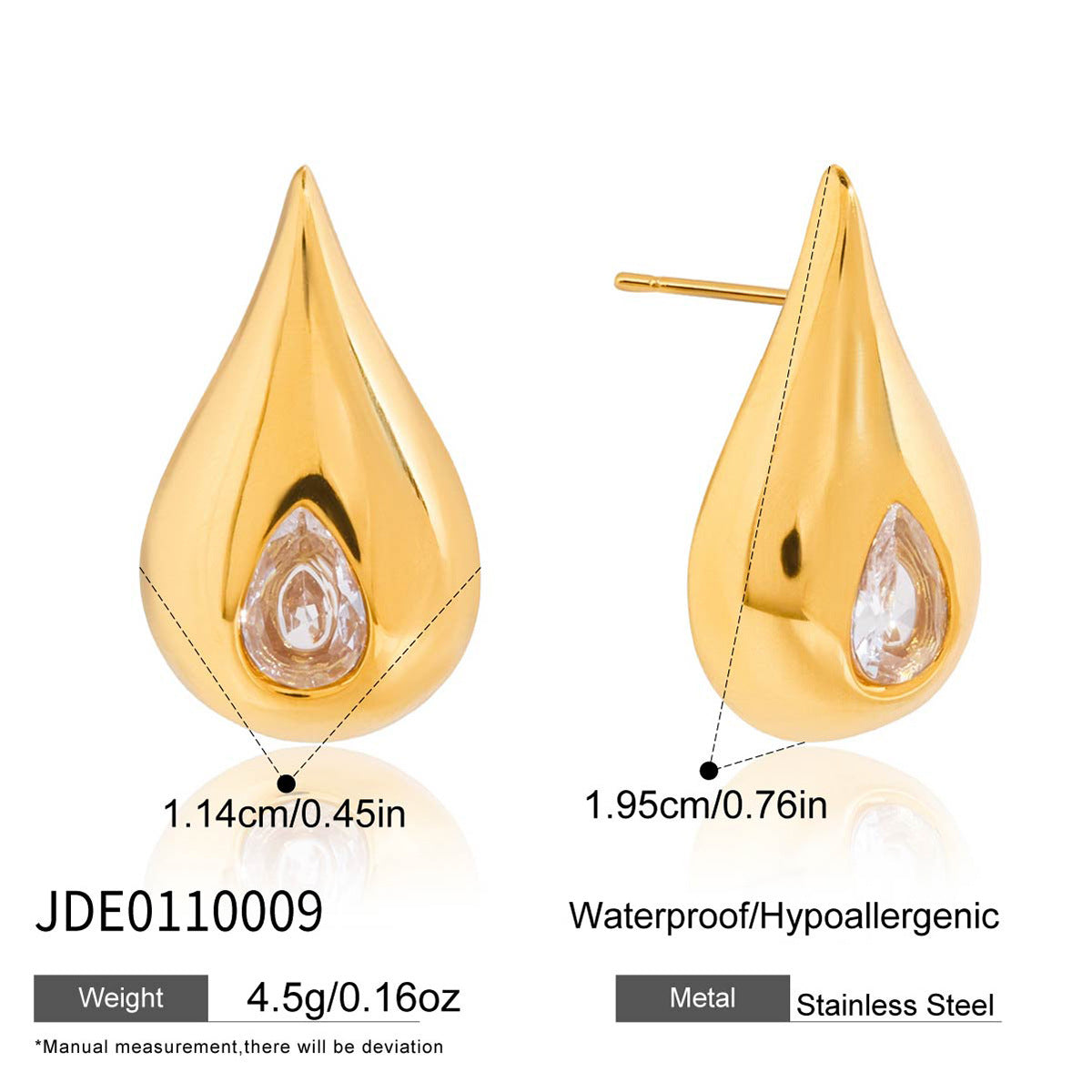 Orecchini a perno da donna a goccia minimalisti in acciaio inossidabile con intarsio in strass
