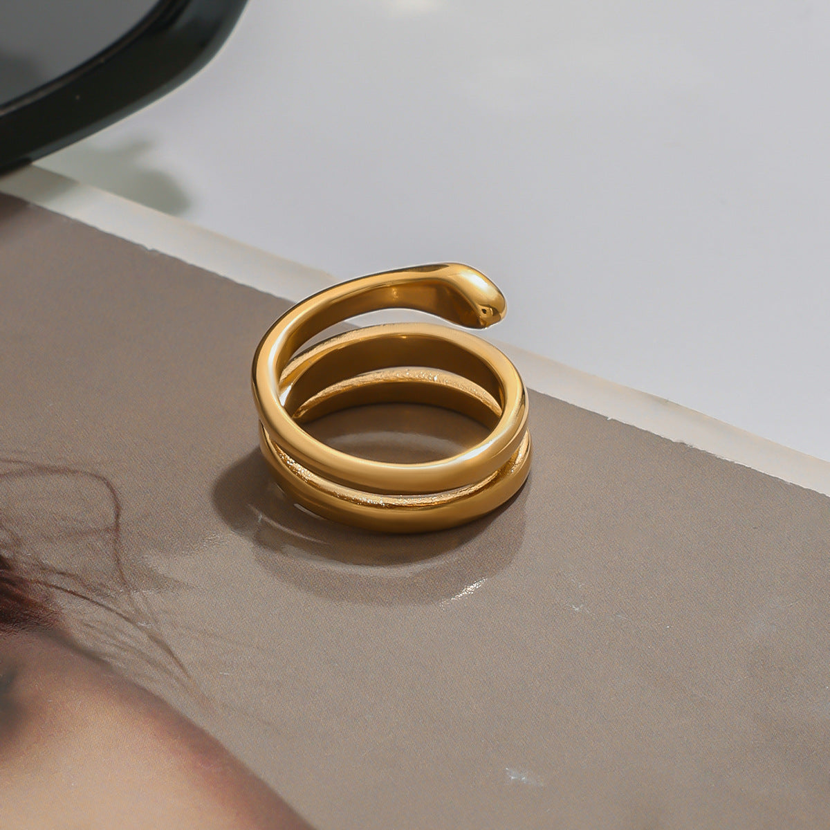 Geometric Snake Ring in Titanium Steel with Plating Finish for Women Fashionable Minimalist Jewelry
