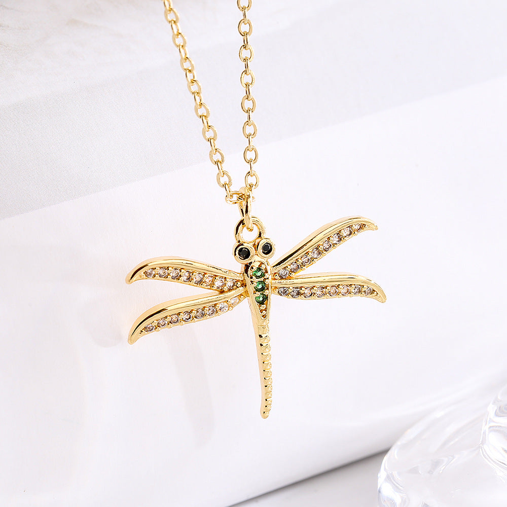 Minimalist Dragonfly Pendant Necklace for Women in Copper with 18K Gold Plating and Zircon Inlay