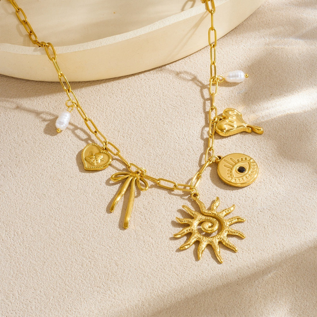 Vintage Gold Plated Stainless Steel Heart and Bow Pearl Pendant Necklace for Women