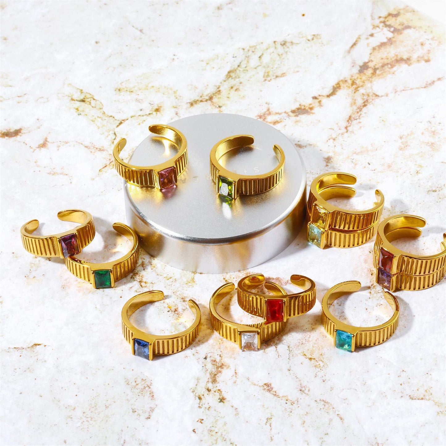 Personalized Geometric Stainless Steel Open Ring with Birthstone Accents for Women