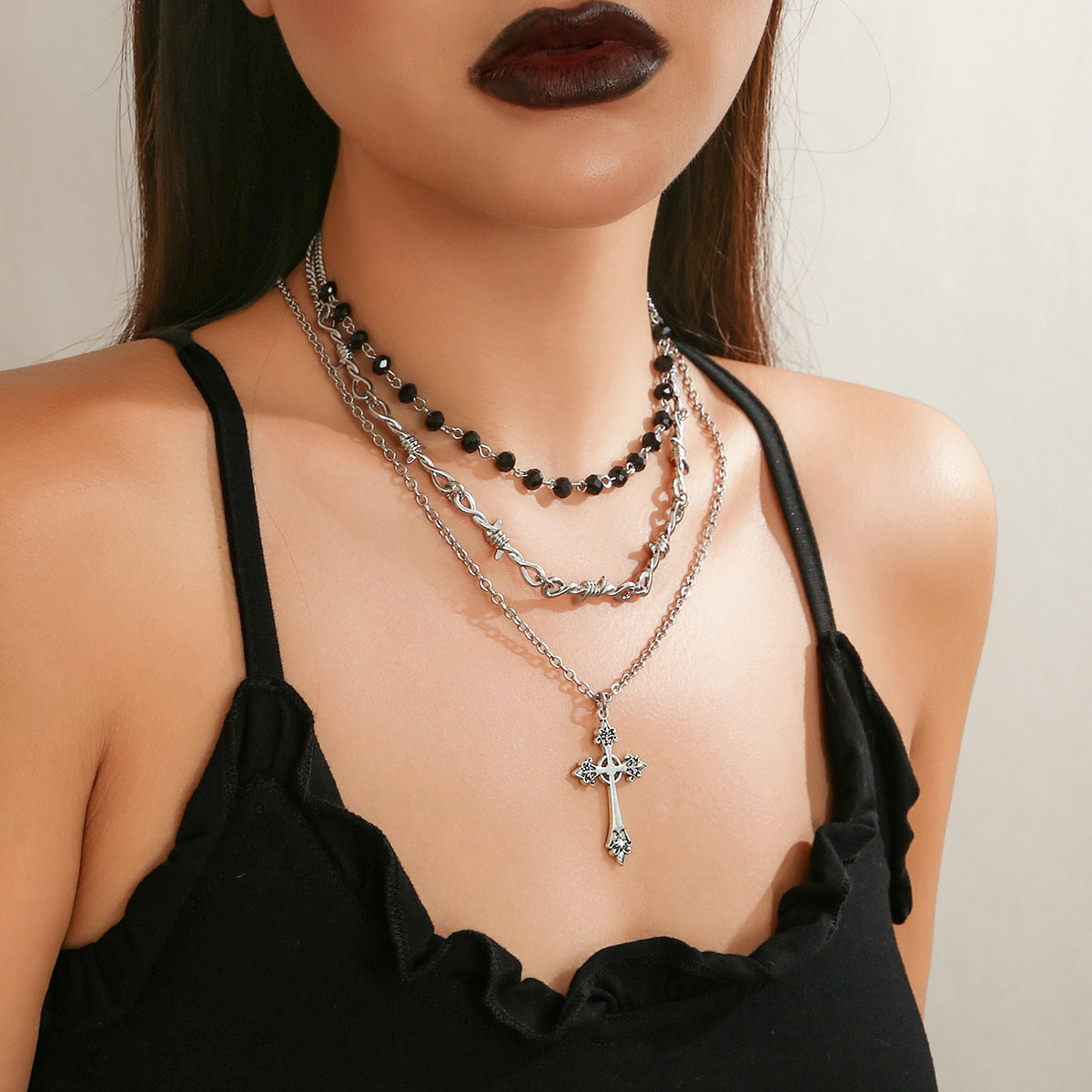 Gothic Hip-hop Cross Pendant Alloy Plated Curb Chain Necklace for Women