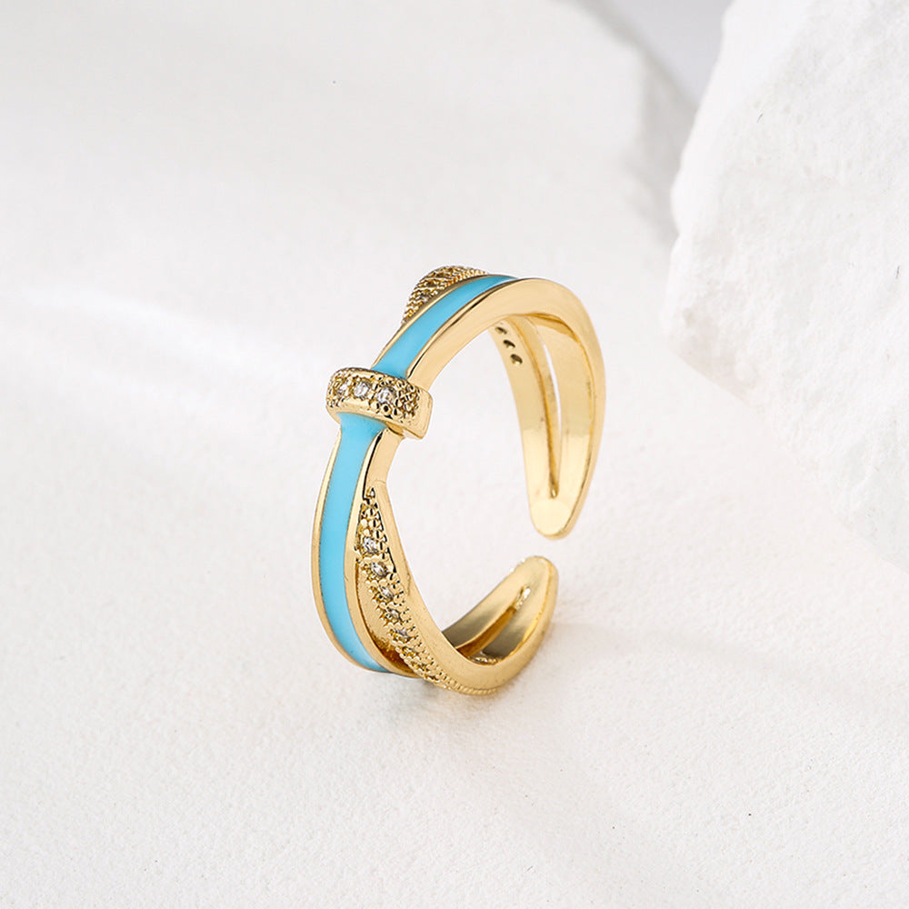 Minimalist Geometric Open Ring for Women in Copper with 18K Gold Plating and Enamel Finish, Set with Zircon
