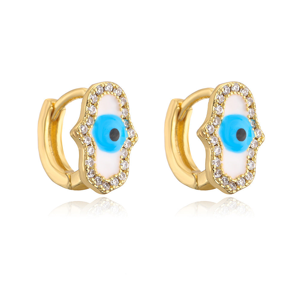 Minimalist Geometric Hand Eye Pendant Mini Earrings for Women with Copper Base Plated in 18K Gold and Enamel-Finished Zirconia Accents