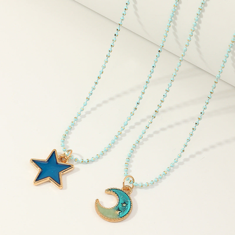 Set di collane con ciondolo geometrico in lega a forma di stella e luna per l'amicizia per bambine, su catena a maglie