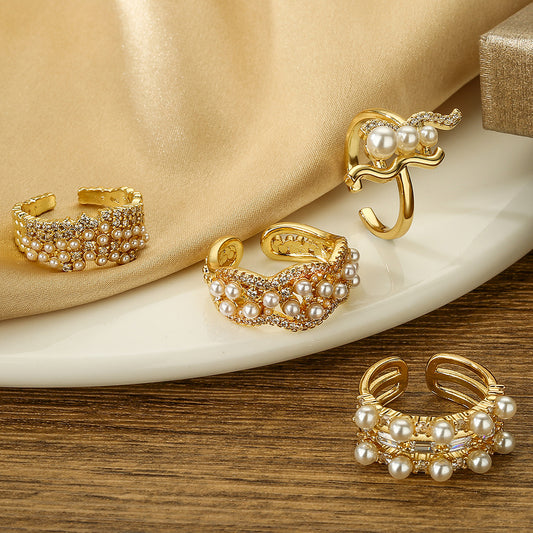 Geometric Open Ring for Women with Copper Base Plated in Real Gold Micro-Paved Zirconia and Pearl Accents