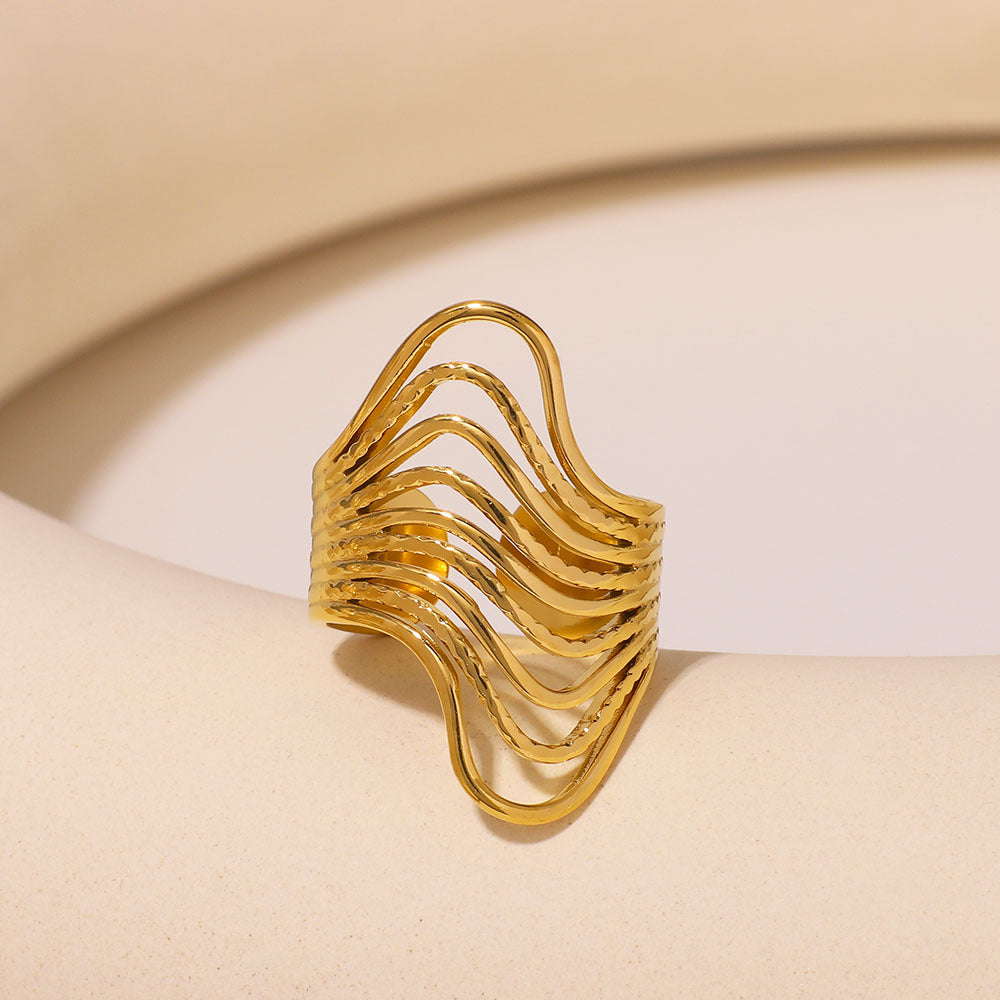 Trendy Unisex 18K Gold Plated Stainless Steel Irregular Wave U-Shape Geometric Ring