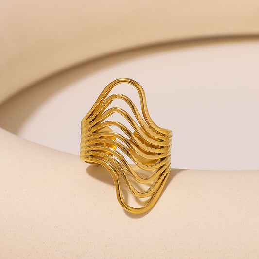 Trendy Unisex 18K Gold Plated Stainless Steel Irregular Wave U-Shape Geometric Ring