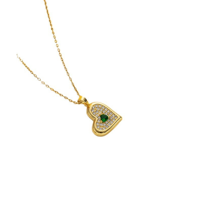 Collana girocollo minimalista placcata in acciaio al titanio a forma di cuore con zircone verde