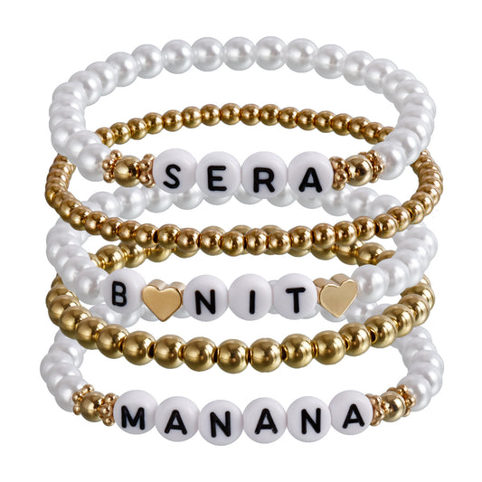 Set di bracciali con lettere, placcato oro, con perle finte, stile geometrico, per donna, idea regalo per fan di festival musicali e concerti