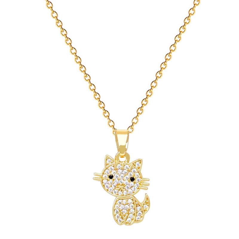 Sweet Cartoon Full Cubic Zirconia Cat and Moon Pendant Titanium Steel Necklace Set for Unisex