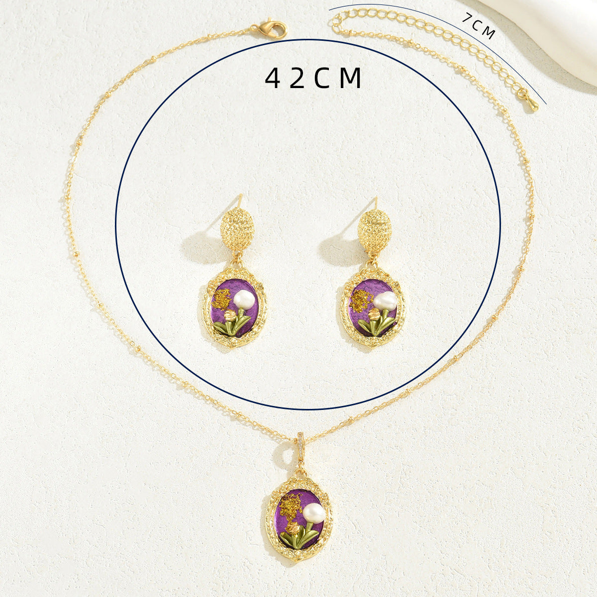 Baroque Style Floral Pendant Necklace and Earrings Set for Women with Enamel Finish Zinc Alloy Minimalist Collar Chain