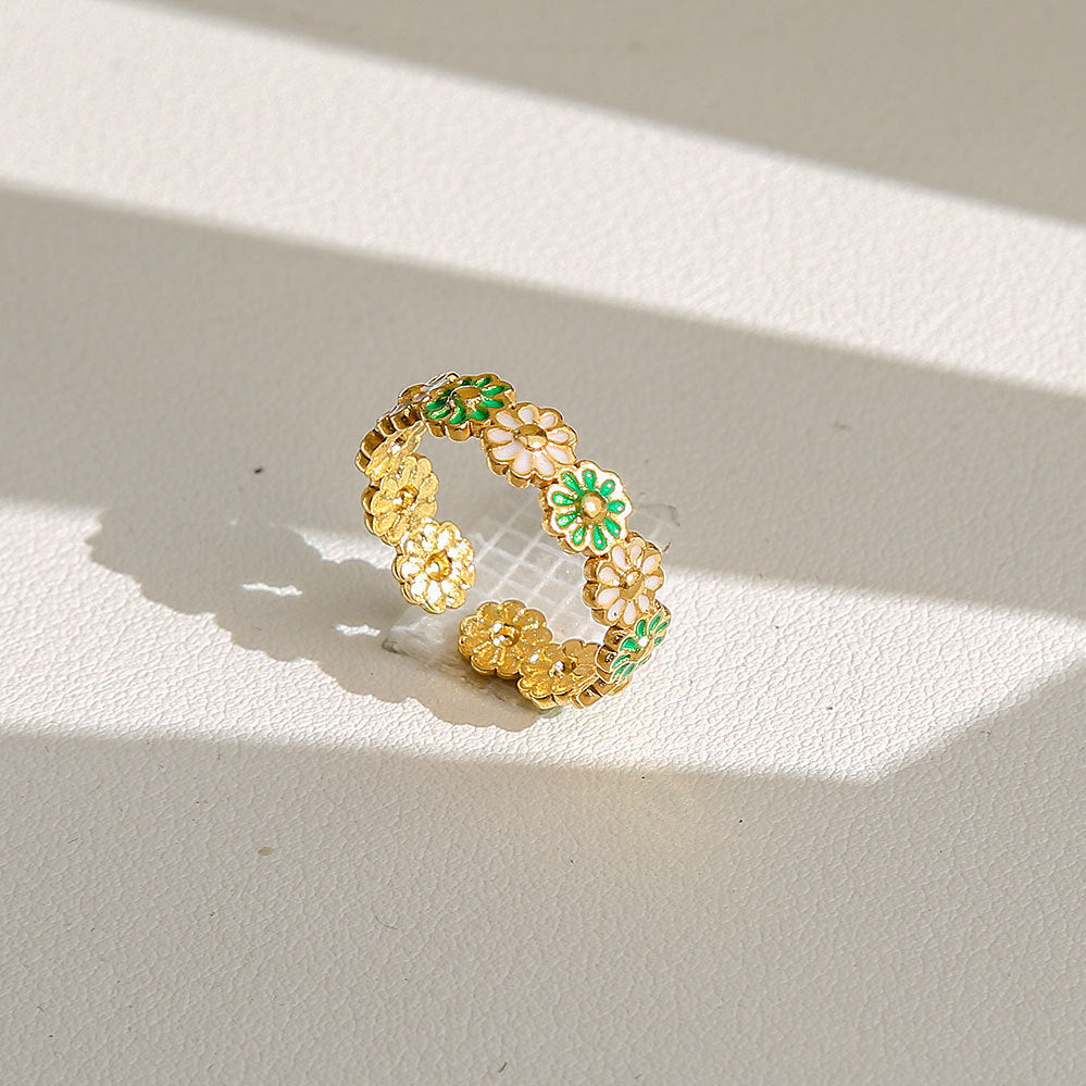 Anello di tendenza da donna in acciaio inossidabile geometrico placcato oro con perle e fiori stile Instagram
