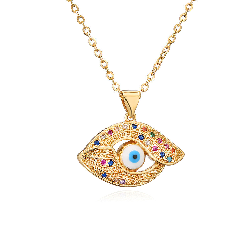 Bohemian Style Evil Eye Pendant Necklace for Women with Copper Base Plated in Real Gold and Enamel Finish Geometric Design
