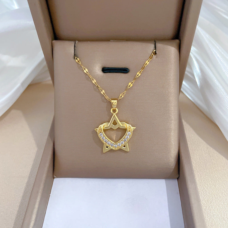 Minimalist Heart and Star Geometric Pendant Necklace in Titanium Steel with Rhinestone Accents for Women and Unisex Wear