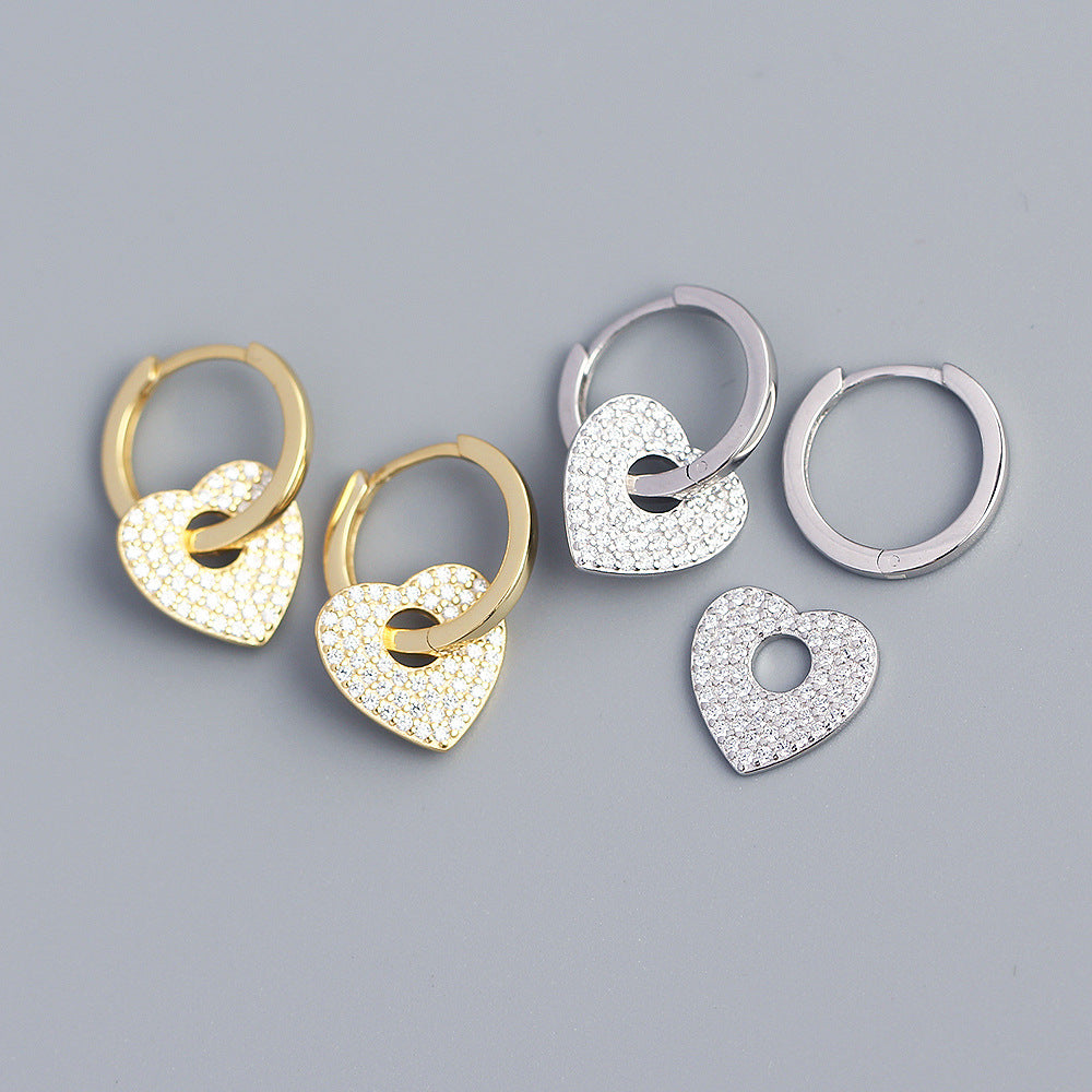 Minimalist Heart-Shaped S925 Sterling Silver Stud Earrings with Rhinestone Inlay for Women