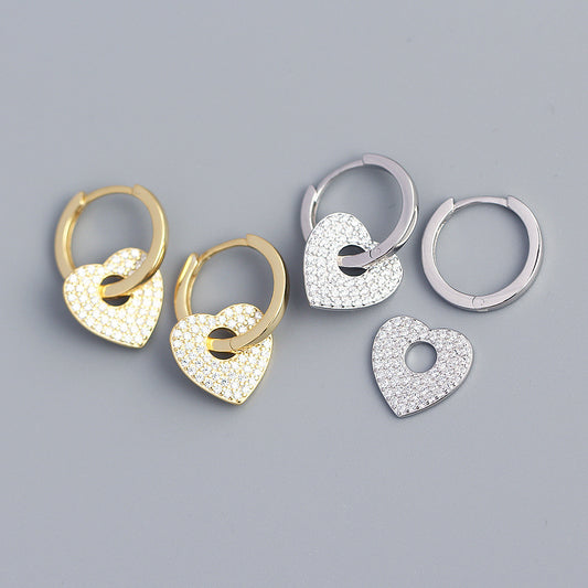 Minimalist Heart-Shaped S925 Sterling Silver Stud Earrings with Rhinestone Inlay for Women
