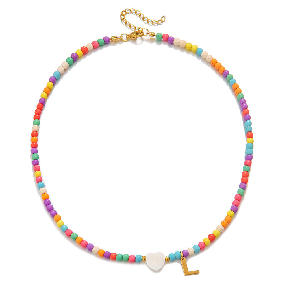 Fashion Stainless Steel Letter Heart Turquoise Charm Bar Necklace Cable Chain Unisex