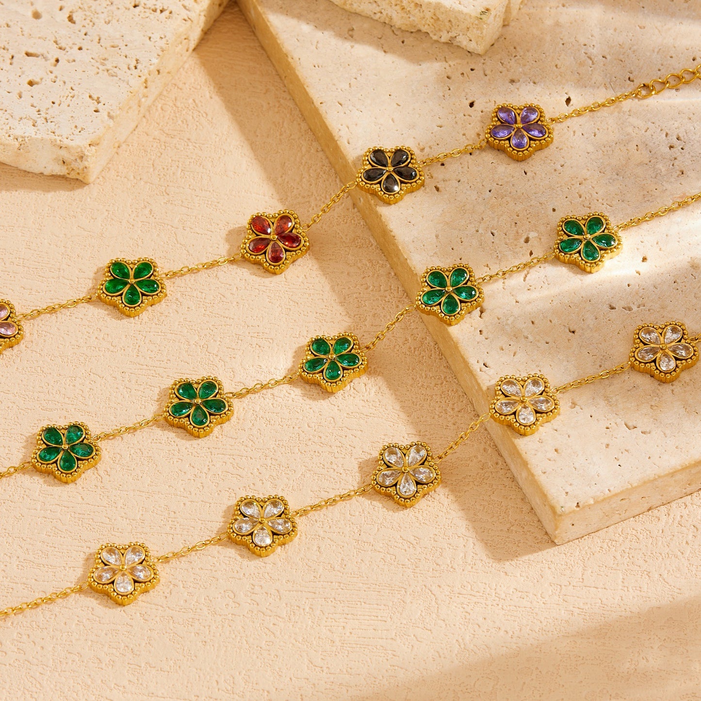 Sweet Gold Plated Stainless Steel Floral Cubic Zirconia Bracelet