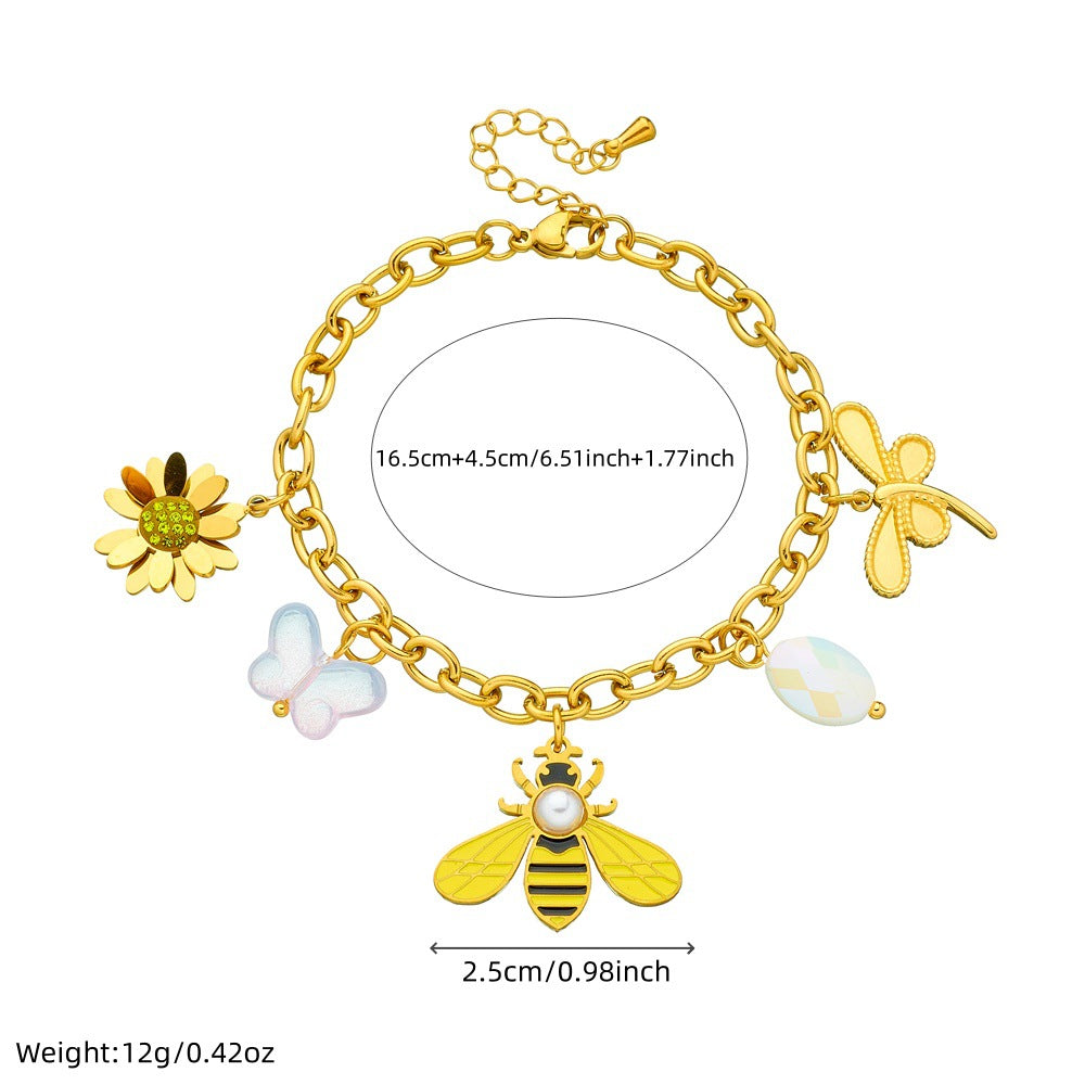 Gold Plated Stainless Steel Butterfly Bee Flower Animal Charm Bracelet for Women