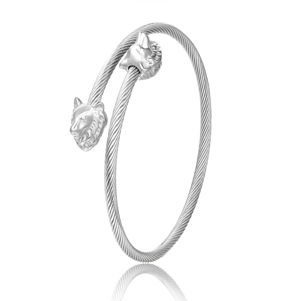 Minimalist Streetwear Titanium Steel Plated Wolf Head Open Cuff Bracelet for Men and Women