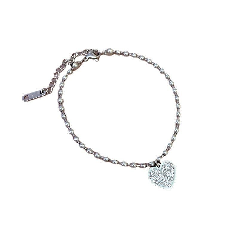 Minimalist Titanium Steel Heart Pendant Bracelet for Women with Rhinestone Inlay, Dainty Chain Jewelry for Lucky Charm or Friendship Gift