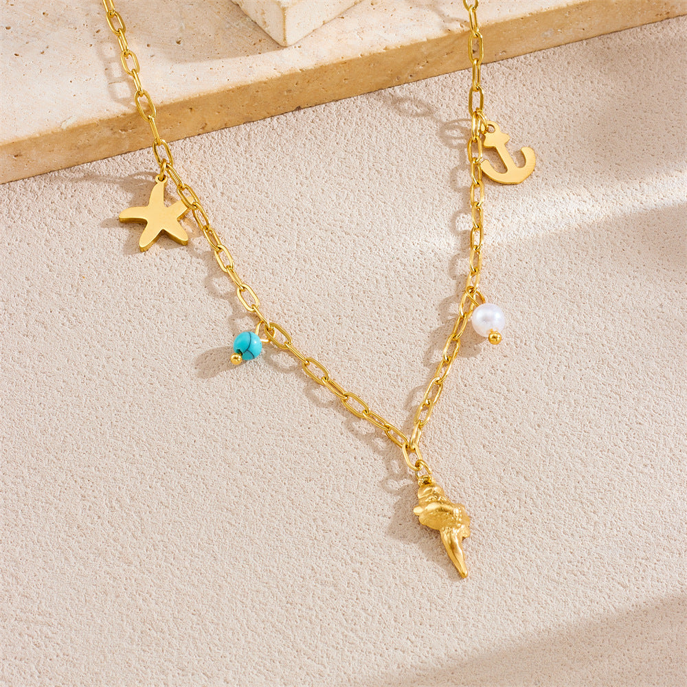 Minimalist Starfish Anchor Seashell Pendant Necklace in Stainless Steel with Plated Finish on Box Chain for Women