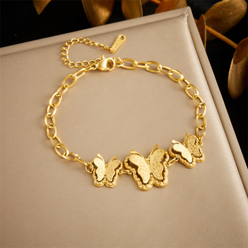 Vintage Minimalist Butterfly Pendant Bracelet in Stainless Steel with Gold Plating