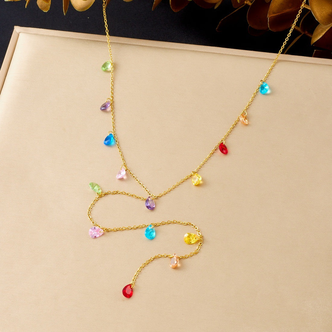 Elegant Gold Plated Stainless Steel Y-Chain Necklace with Rhinestone Floral and Star Charms