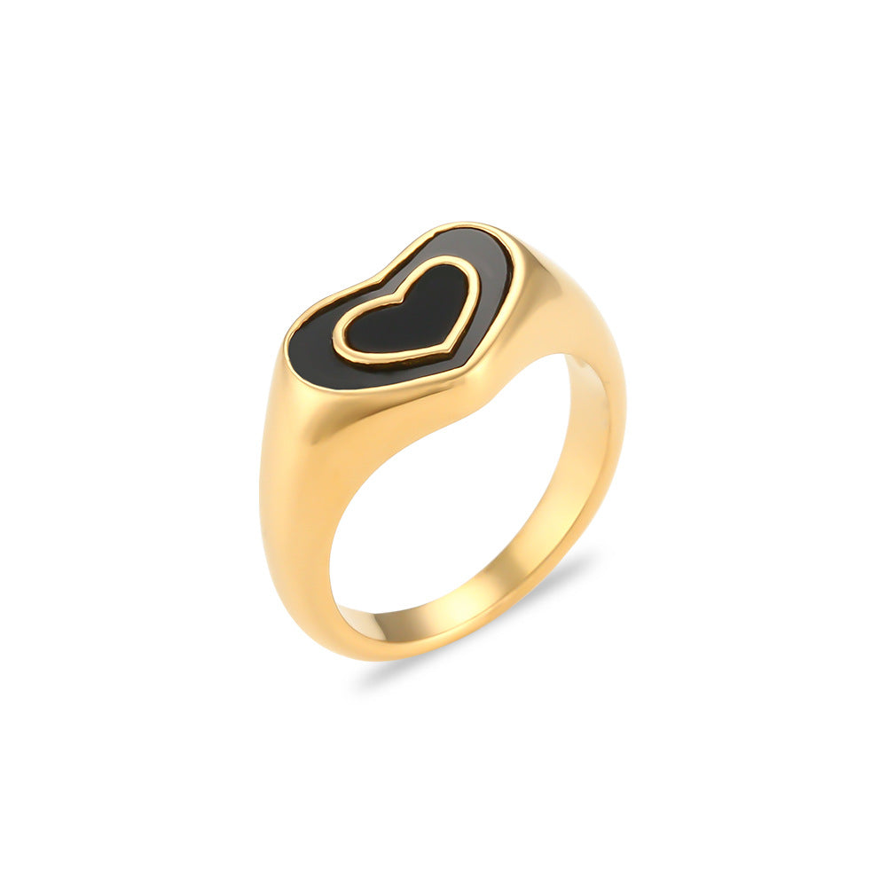Anillo de acero inoxidable con forma de corazón a la moda con revestimiento de esmalte para mujer