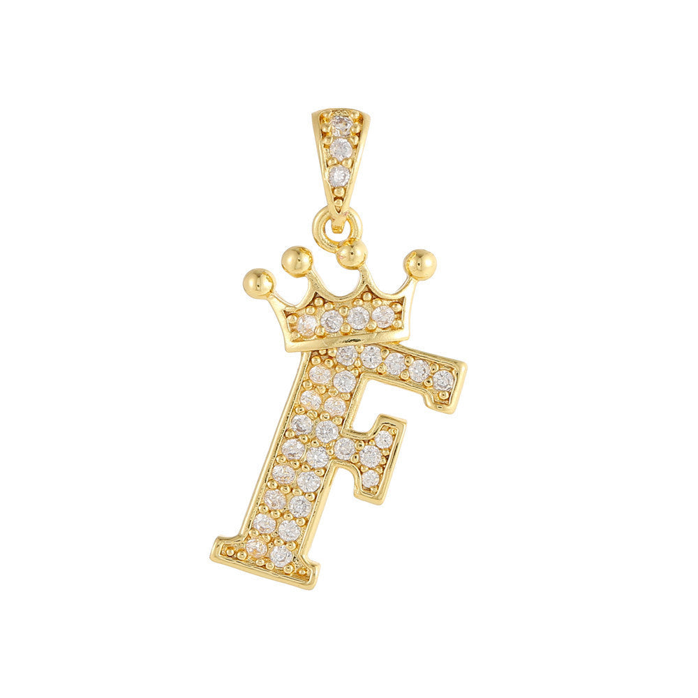Gold Plated Brass Crown Letter Charm Bar with Cubic Zirconia for DIY Necklace Bracelet