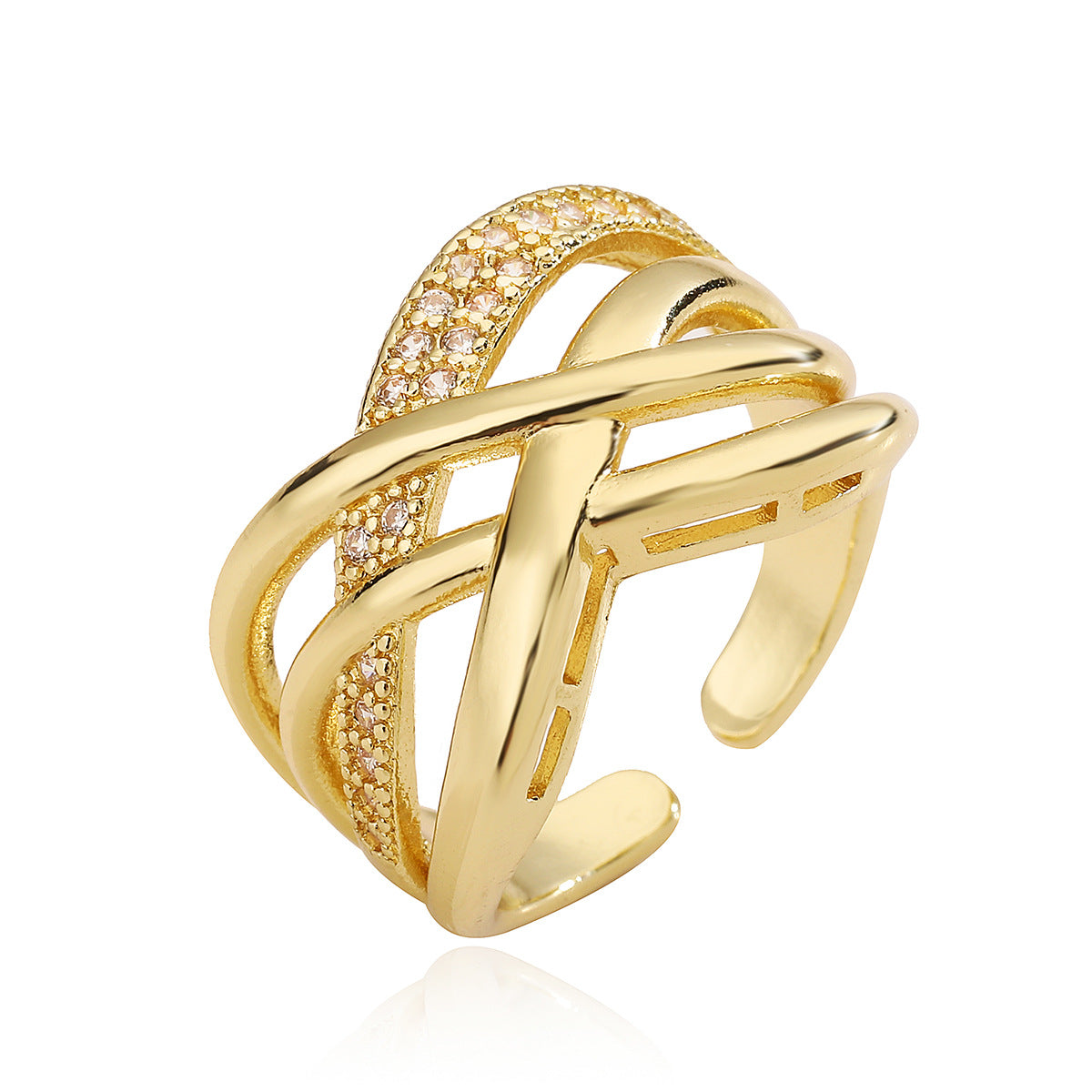 Anillo de cobre con forma de lazo geométrico chapado en oro de 18 quilates e incrustaciones de circonitas para mujer