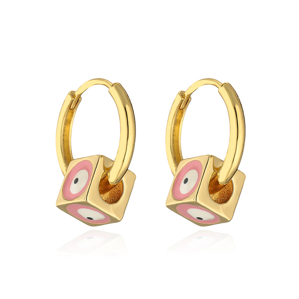 Geometric Square Drop Earrings for Women in Copper with 18K Gold Plating and Enamel Eye Detail
