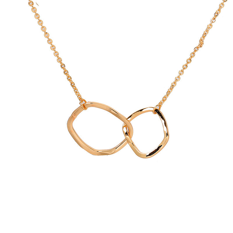 Minimalist Irregular Geometric Double Circle Pendant Necklace for Women with Titanium Steel Chain and Rhinestone Inlay