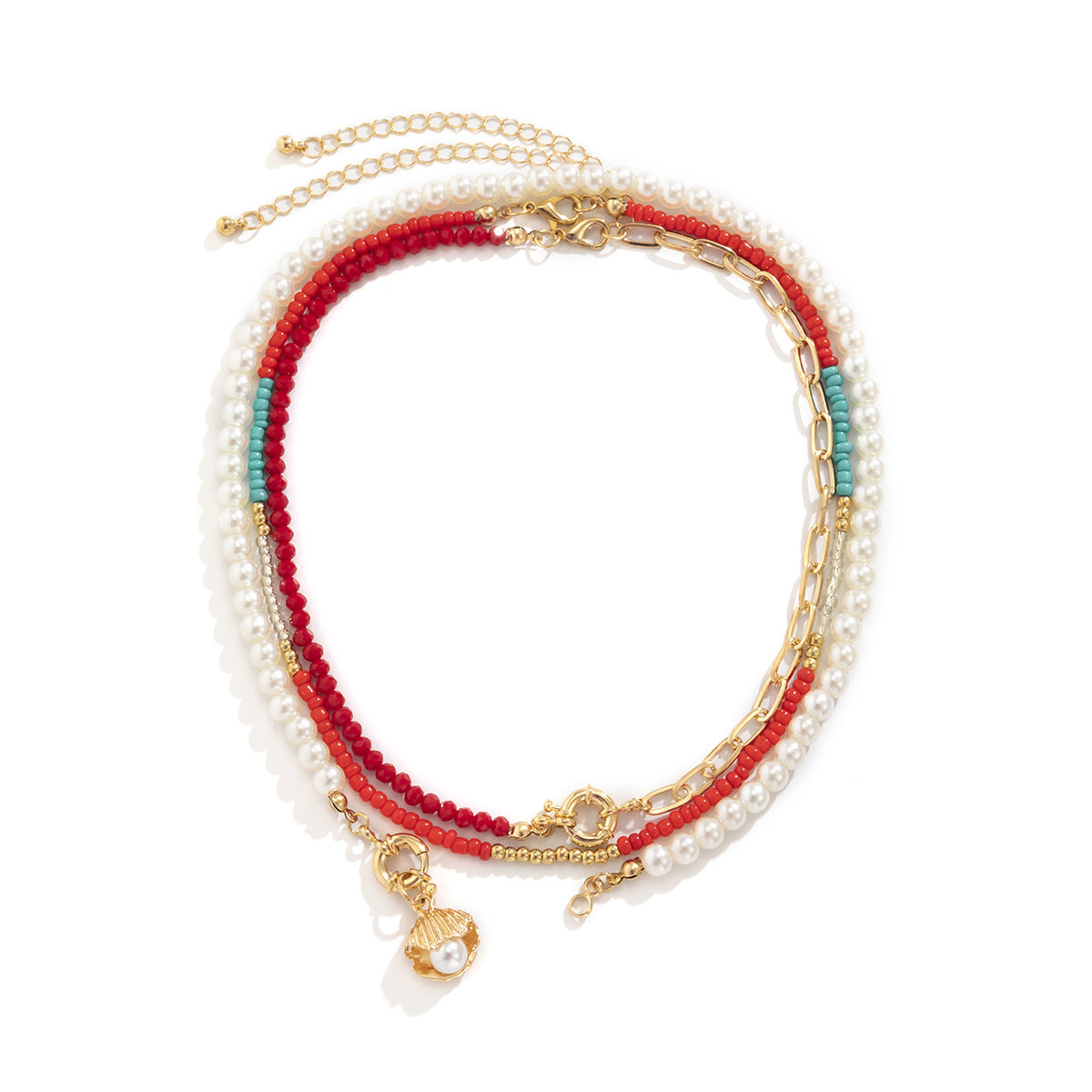 Collana con pendente a forma di conchiglia in stile etnico da donna, realizzata in lega con finitura galvanizzata e dettagli in perle e perline, su catena a sfere